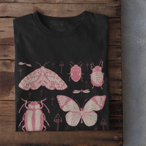 Pink Mushrooms and Moths T Shirt, Cottagecore Clothing, Pastel Goth, Goblincore, Soft Goth, Grunge Fairycore Clothing, Alternative T shirts