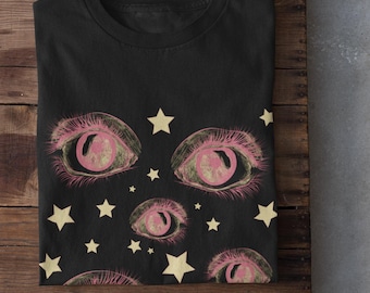 Pastel Goth Eyes and Stars Shirt, Grunge Clothing, Y2K Indie Clothes, Cyberpunk Unisex Tshirts, Weirdcore Punk Tops, Plus Size Gothic Gifts
