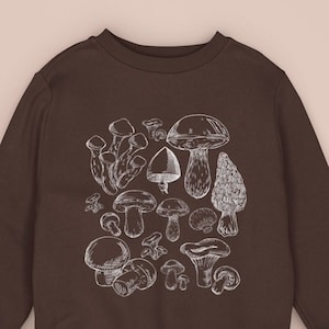Puede incluir: Una sudadera marr&oacute;n con un estampado de setas blancas. La sudadera tiene mangas largas y cuello redondo. Tambi&eacute;n hay botas marrones, un gorro de punto marr&oacute;n con un pomp&oacute;n blanco y hojas marrones con lunares blancos.