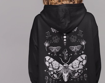 Mushroom Hoodie,Moth Hoodie,Dark Academia Hoodie,Fairycore Hoodie,Cottagecore Clothing,Goth Hoodie,Aesthetic Hoodie,Luna Moth,Alt Clothing