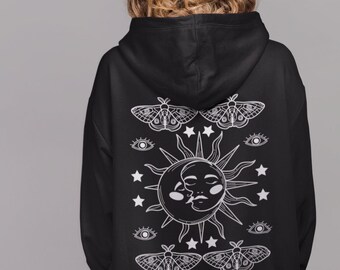 Moth Hoodie,Witchy Hoodie,Alt Clothing,Cottagecore Hoodie,Celestial Sun and Moon Hoodie,Fairy Grunge Clothing,Whimsigoth,Moth Sweatshirt