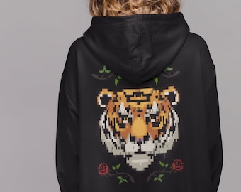 Tiger Streetwear Hoodie,Black Oversized Vintage Graphic Hoodie,Japanese Aesthetic Hoodie,Alternative Clothing,Retrowave Clothes,Grunge