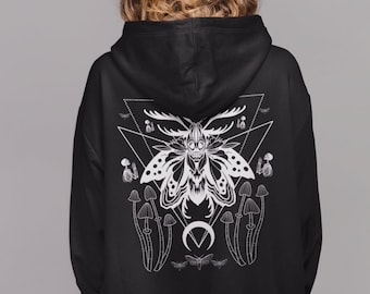 Felpa con cappuccio Mushroom, Felpa con cappuccio Moth, Felpa con cappuccio Dark Academia, Felpa con cappuccio Fairycore, Abbigliamento Cottagecore, Felpa con cappuccio Goth, Felpa con cappuccio Estetica, Luna Moth, Abbigliamento Alt