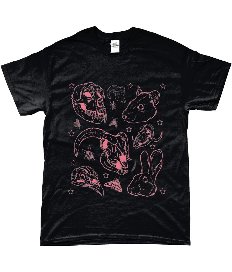 May include: Black t-shirt with a pink graphic print of various animal skulls, insects, and stars.