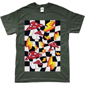May include: A green t-shirt with a graphic print of red mushrooms with eyes and yellow lightning bolts on a black and white checkered background.