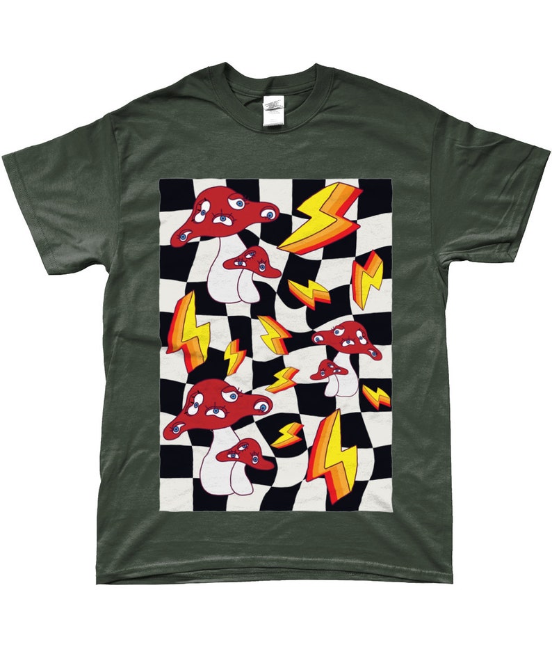 May include: A green t-shirt with a graphic print of red mushrooms with eyes and yellow lightning bolts on a black and white checkered background.