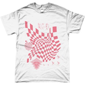 May include: White t-shirt featuring a pink checkered pattern design. The pattern is distorted and appears to be warping. There are also small pink birds and a pink geometric design on the shirt.