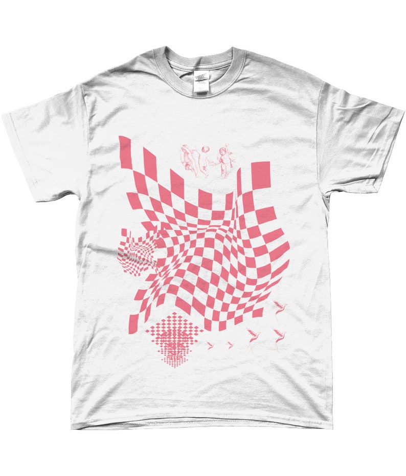 May include: White t-shirt featuring a pink checkered pattern design. The pattern is distorted and appears to be warping. There are also small pink birds and a pink geometric design on the shirt.