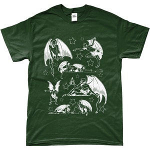 May include: A dark green t-shirt with a white print of multiple winged figures with stars. The figures are in various poses, some flying, some sitting, and some lying down.
