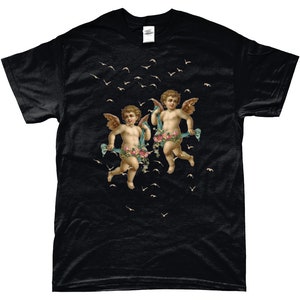 May include: Black t-shirt with a graphic of two cherubs flying with floral garlands and a scattering of birds.