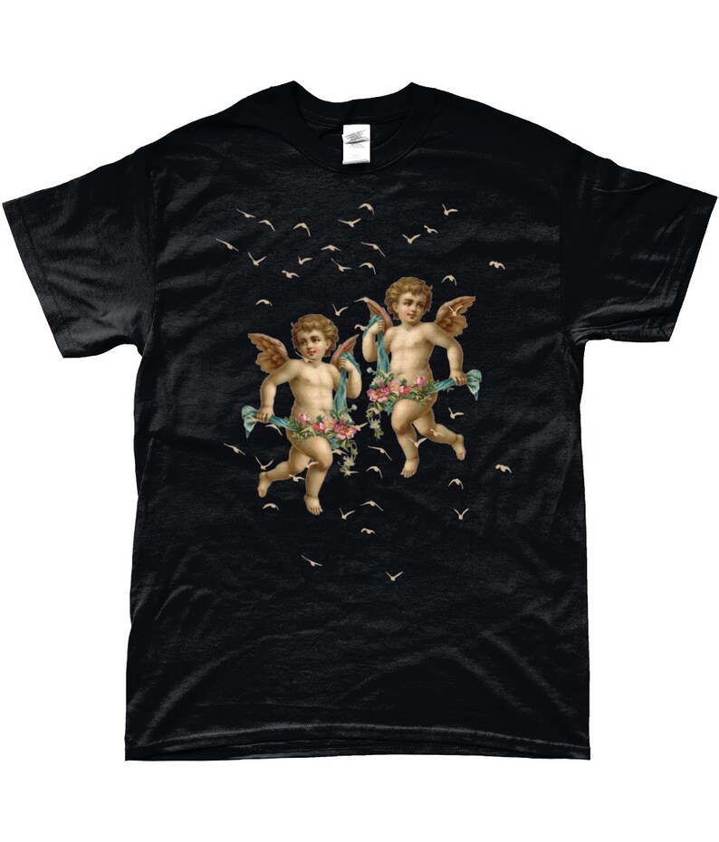 May include: Black t-shirt with a graphic of two cherubs flying with floral garlands and a scattering of birds.