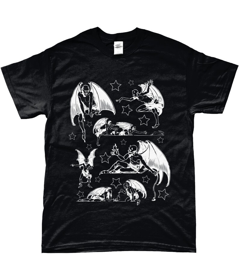May include: Black t-shirt with a white print of multiple winged figures with stars. The figures are in various poses, some are flying, some are sitting, and some are lying down.