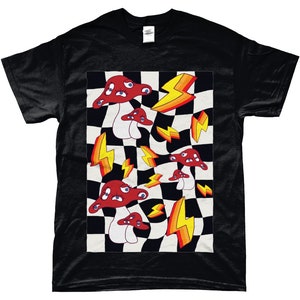 May include: Black t-shirt with a graphic print of red mushrooms with eyes and yellow lightning bolts on a black and white checkered background.