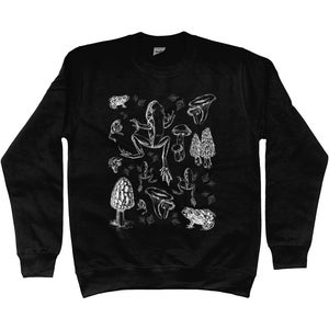 May include: Black sweatshirt with a white graphic print of a frog, mushrooms, and toadstools.