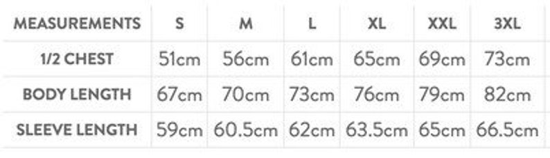 May include: Size chart showing measurements in centimeters for a garment. The measurements include half chest, body length, and sleeve length. Sizes range from S to 3XL.