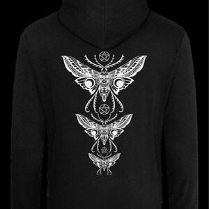 May include: Black hooded sweatshirt with a white graphic print of three moths with pentagrams and moons.