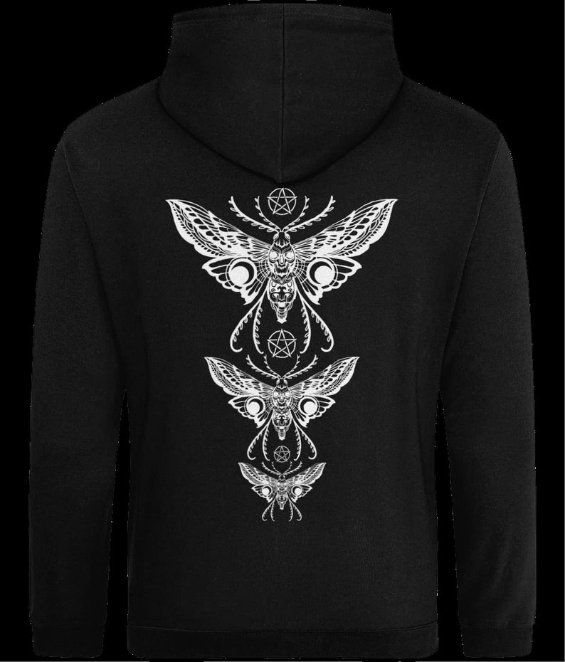 May include: Black hooded sweatshirt with a white graphic print of three moths with pentagrams and moons.