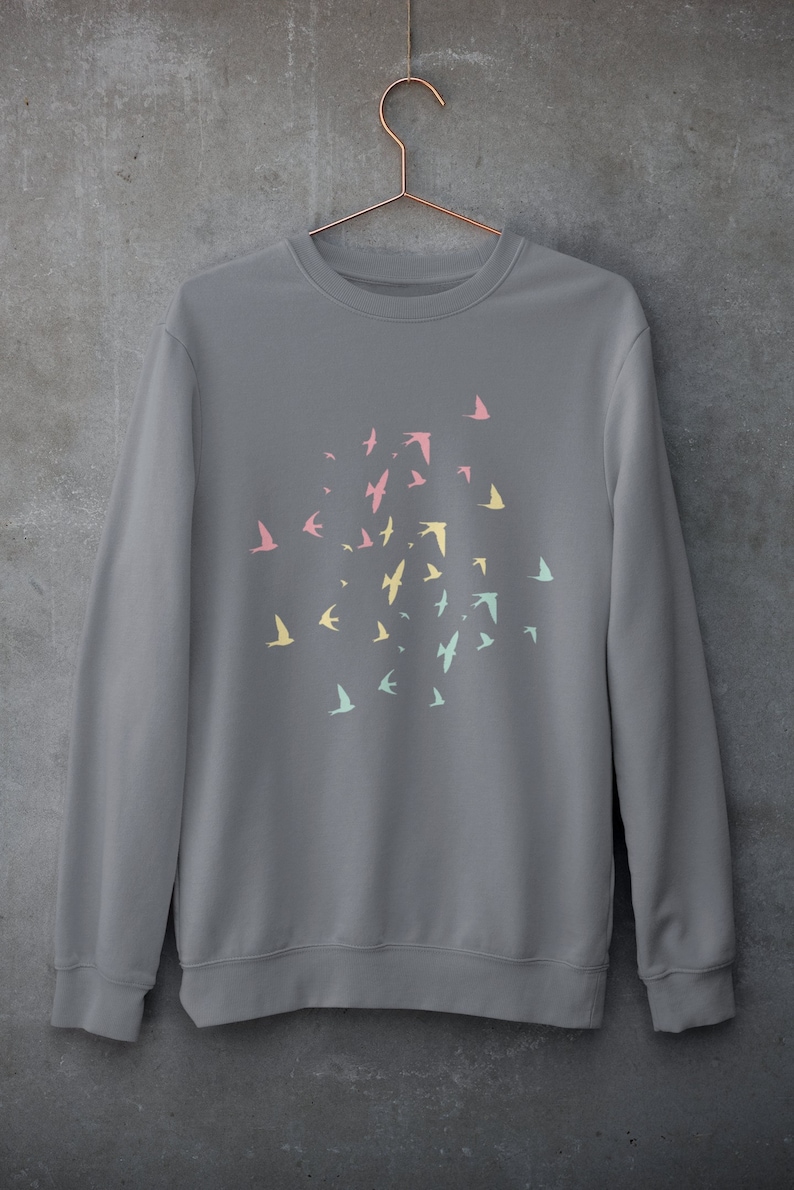 May include: A grey sweatshirt with a flock of pastel coloured birds printed on the front.