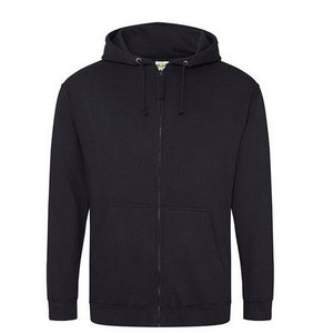 May include: A black zip-up hoodie with a hood and a front pocket.