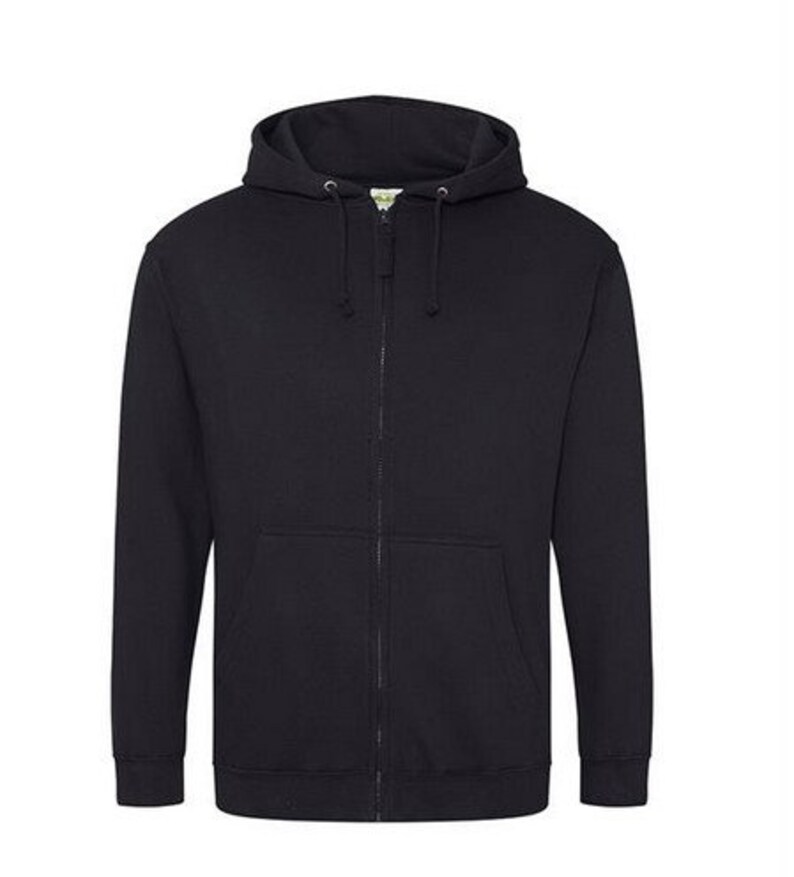 May include: A black zip-up hoodie with a hood and a front pocket.