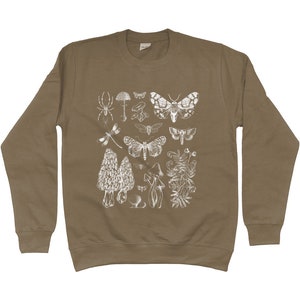 K&ouml;nnte beinhalten: Ein braunes Sweatshirt mit einem wei&szlig;en Druck verschiedener Insekten, Pilze und Pflanzen. Der Druck enth&auml;lt eine Spinne, eine Libelle, Schmetterlinge und Pilze.