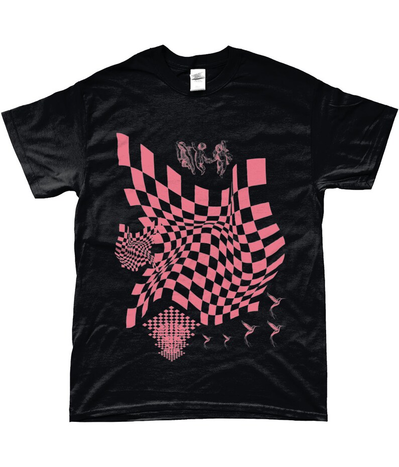 May include: Black t-shirt featuring a pink checkered pattern, a pink graphic of three figures, and pink hummingbirds.