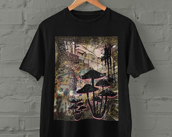 Camiseta grunge oversize, camiseta con arte alternativo de hongos, camiseta estilo grunge de los 90, camiseta con gráficos artísticos, camiseta con estilo vintage, camiseta con estética desgastada