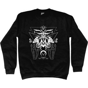 May include: Black sweatshirt with a white graphic print of a moth with antlers, surrounded by mushrooms and a crescent moon. The moth is inside a triangle with geometric designs.