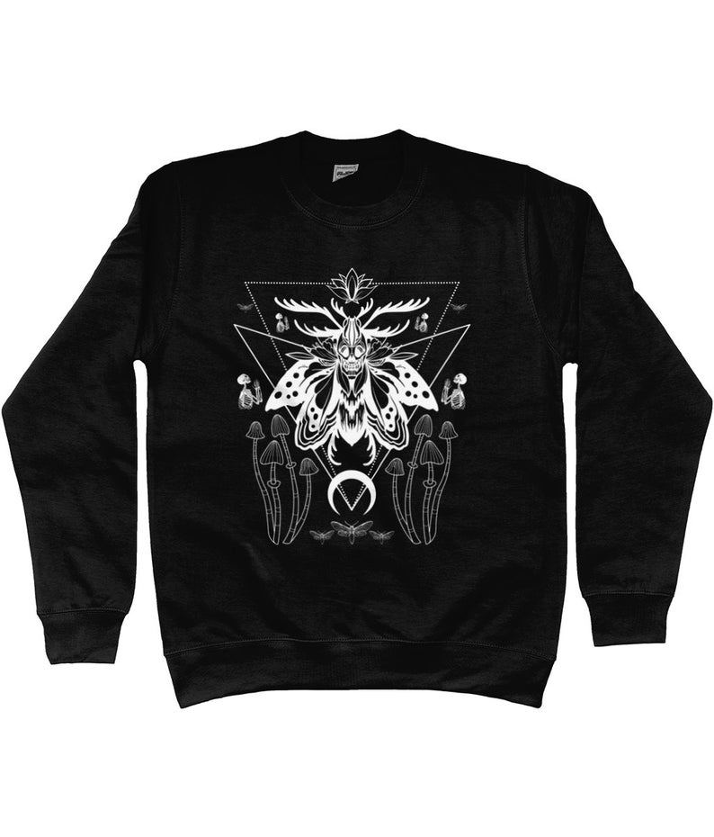 May include: Black sweatshirt with a white graphic print of a moth with antlers, surrounded by mushrooms and a crescent moon. The moth is inside a triangle with geometric designs.