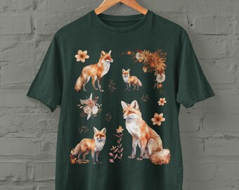 Cute Flower Fox shirt, Woodland Lover Gift, Vintage Floral Cottagecore Shirt, Forestcore T-shirts, Grunge Fairycore Tops, Fox Lover Gifts