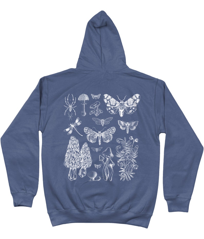 May include: A navy blue hooded sweatshirt with a white print of various insects, mushrooms, and plants. The print includes a spider, dragonfly, moths, mushrooms, and a floral design.