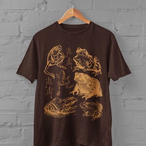 Pode incluir: Uma camiseta marrom com uma estampa gr&aacute;fica de v&aacute;rios sapos e r&atilde;s em uma cor marrom claro. O design apresenta uma variedade de poses de sapos, incluindo sentados, pulando e nadando.