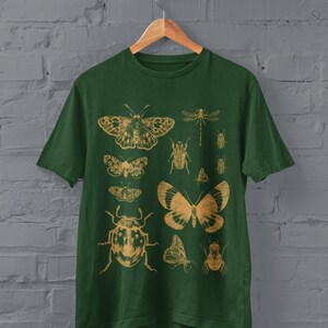 May include: A dark green t-shirt with a vintage-style print of various insects and butterflies in a light brown color. The insects include a dragonfly, beetles, and moths.