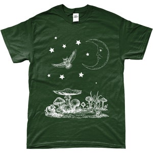 May include: A dark green t-shirt with a white graphic design of a crescent moon with a face, an owl flying, and mushrooms in a forest setting.