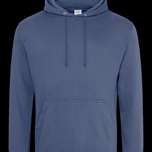 May include: A solid blue hooded sweatshirt with a kangaroo pocket and a drawstring hood.