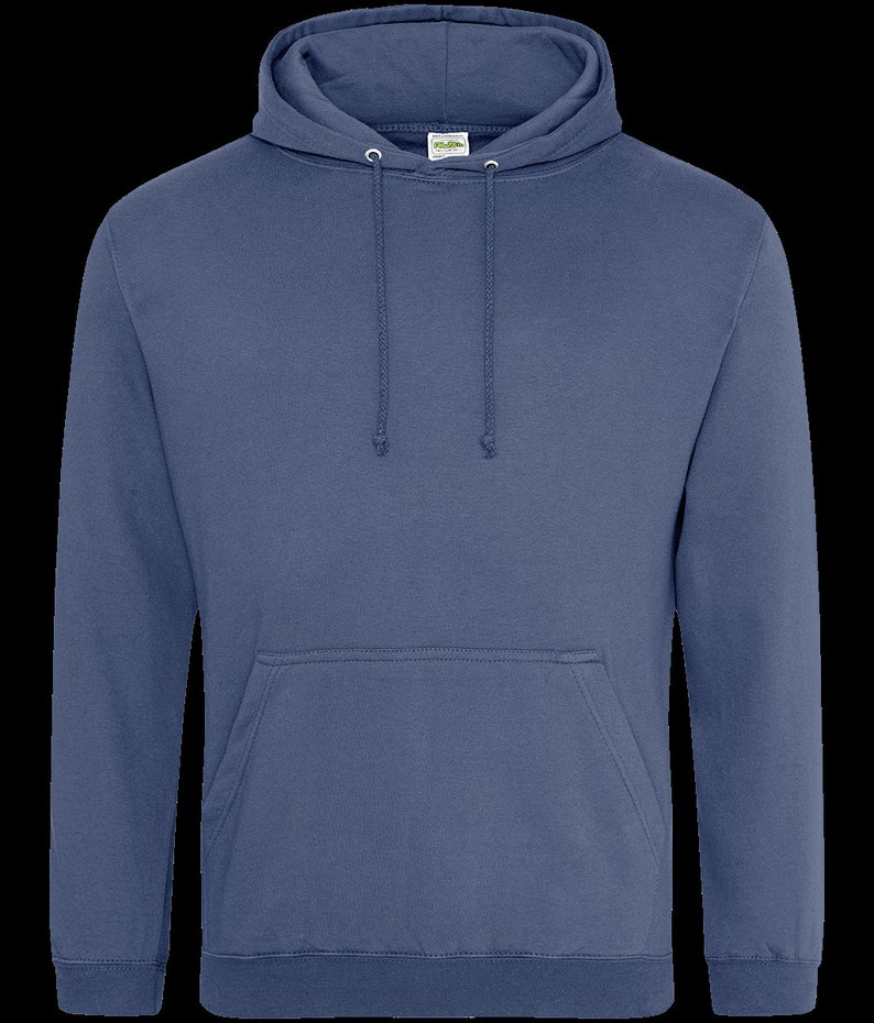 May include: A solid blue hooded sweatshirt with a kangaroo pocket and a drawstring hood.