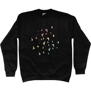 May include: Black sweatshirt featuring a colourful flock of birds design. The birds are in shades of pink, yellow, and blue.