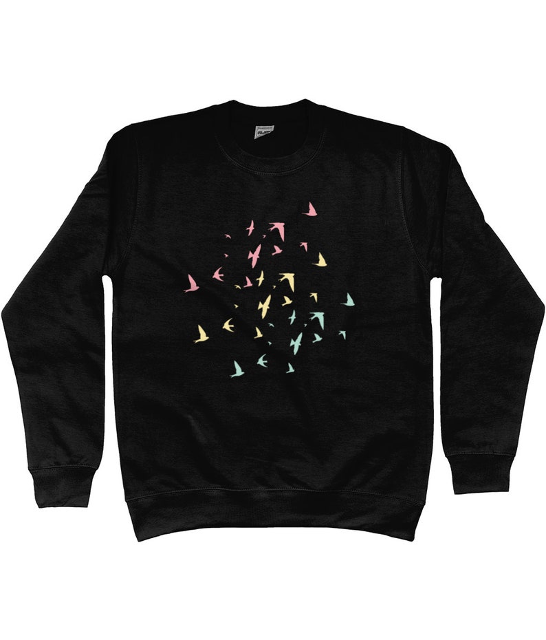 May include: Black sweatshirt featuring a colourful flock of birds design. The birds are in shades of pink, yellow, and blue.