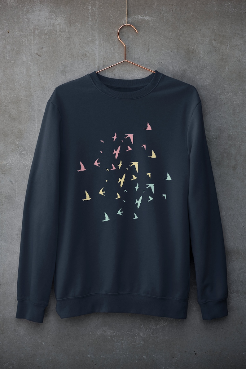 May include: A dark blue sweatshirt featuring a design of colourful birds flying in a circular pattern.
