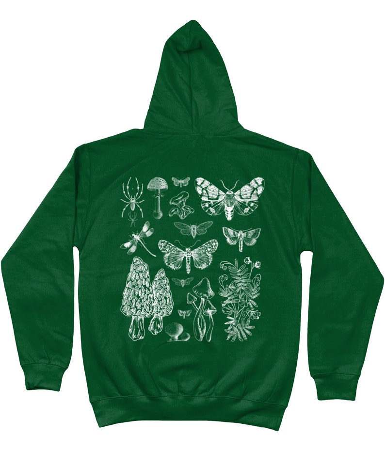 May include: A dark green hooded sweatshirt with a white print of various insects, mushrooms, and plants. The print includes a spider, dragonfly, moths, mushrooms, and a fern.