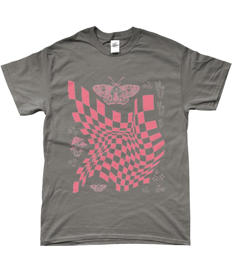 May include: A dark gray t-shirt with a pink and white checkered pattern, a butterfly, and stars. The checkered pattern is distorted and appears to be moving.