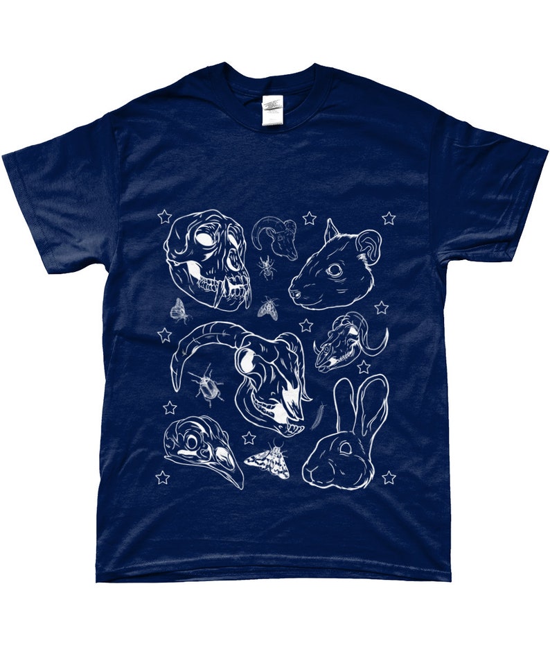 May include: Navy blue t-shirt with a white design of various animal skulls, insects, and stars.
