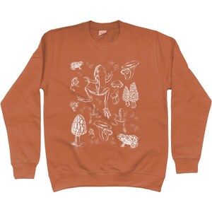 May include: A rust-colored sweatshirt with a white graphic print of frogs and mushrooms.