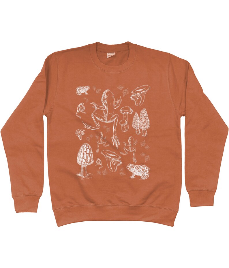 May include: A rust-colored sweatshirt with a white graphic print of frogs and mushrooms.