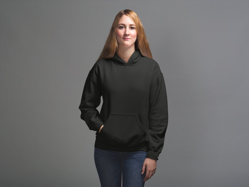 May include: A black hooded sweatshirt with a pouch pocket.