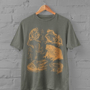 Pode incluir: Uma camiseta verde com uma estampa laranja de v&aacute;rios sapos e r&atilde;s. A estampa inclui um sapo com textura irregular, uma r&atilde; com l&iacute;ngua longa e uma r&atilde; com cabe&ccedil;a grande.