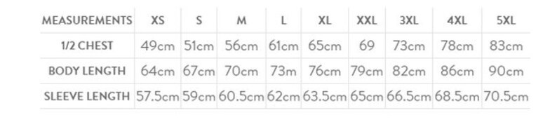 May include: Size chart showing measurements in centimeters for a garment. Measurements include half chest, body length, and sleeve length. Sizes range from XS to 5XL.