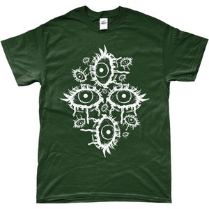 May include: A dark green t-shirt with a white graphic print of multiple stylized eyes. The eyes are drawn in a creepy, abstract style.