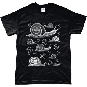 May include: Black t-shirt with a white graphic print of snails and mushrooms.