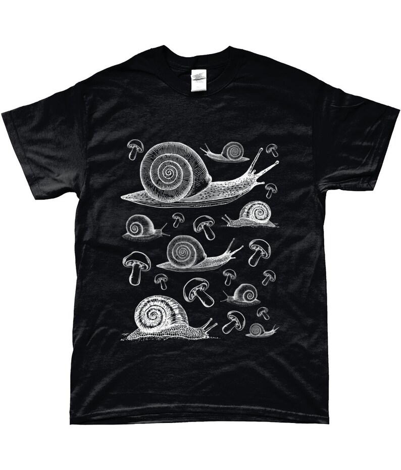 May include: Black t-shirt with a white graphic print of snails and mushrooms.
